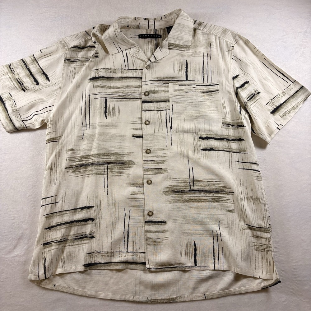 Baracuta Men's Hawaiin Shirt  Size Large 100% Silk Cream Tan Black Geometric